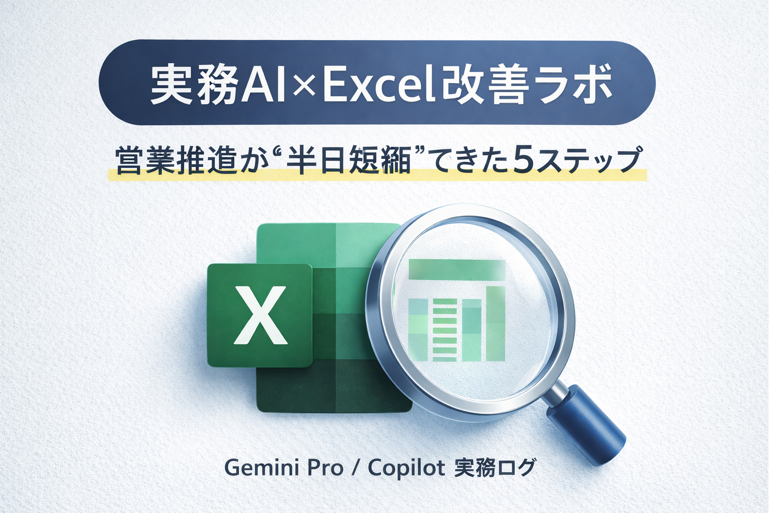 実務AI×Excel改善ラボのアイキャッチ画像。営業推進が半日短縮できた5ステップとGemini Pro／Copilot実務ログの文字、Excelアイコンと虫眼鏡のイラスト。