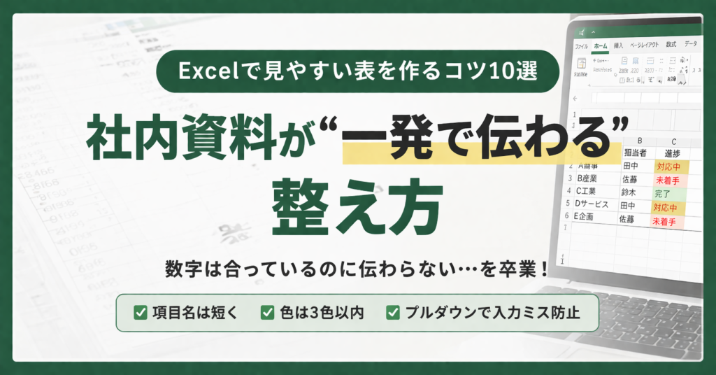 Excelで見やすい表を作るコツ10選を紹介する、社内資料向けの実務的なアイキャッチ画像