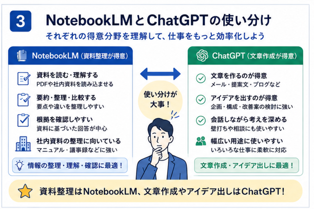 NotebookLMは資料整理に向きChatGPTは文章作成やアイデア出しに向くことを比較した図解