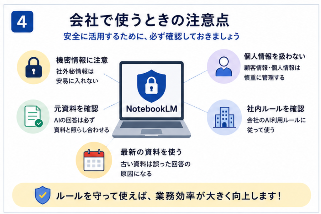 NotebookLMを会社で使う際に機密情報や個人情報や社内ルールの確認が必要なことを示した図解