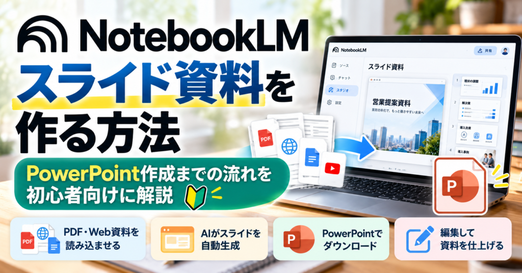 NotebookLMでスライド資料を作成し、PowerPointで編集・仕上げる方法を初心者向けに解説するアイキャッチ画像