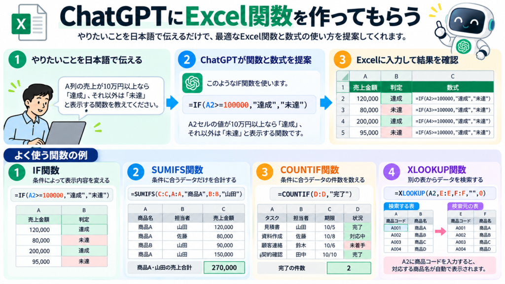 やりたいことを日本語でChatGPTに伝え、IF・SUMIFS・COUNTIF・XLOOKUPなどのExcel関数を作ってもらう流れ