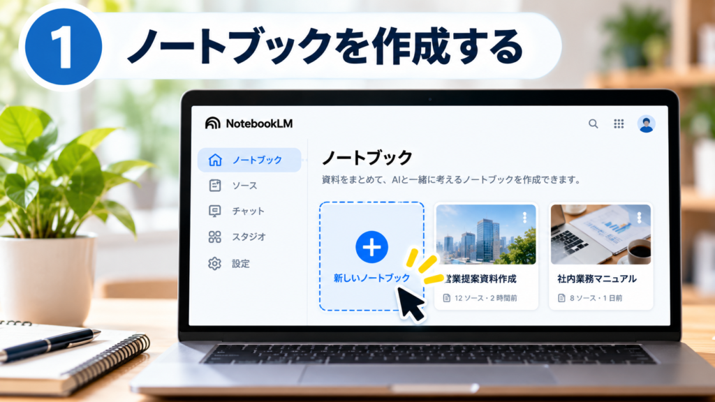 NotebookLMで新しいノートブックを作成する手順を示した画面イメージ