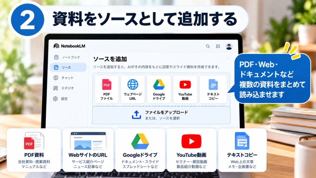 NotebookLMにPDF・Webサイト・Googleドライブ・YouTube・テキストなどの資料をソースとして追加する方法