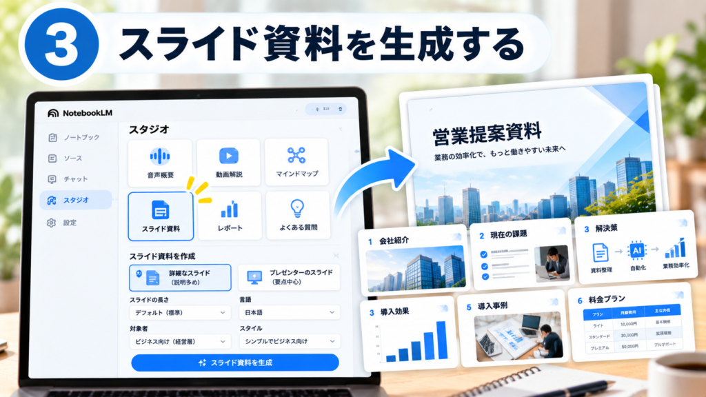 NotebookLMのStudioからスライド資料を選択し、営業提案資料を生成する流れ