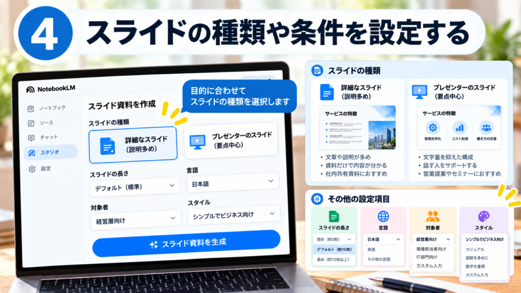 NotebookLMで詳細なスライドとプレゼンターのスライドを選び、長さ・言語・対象者・スタイルを設定する画面