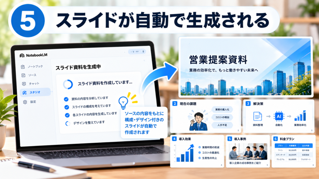 NotebookLMが資料を分析し、構成・内容・デザインを含む営業提案スライドを自動生成する様子