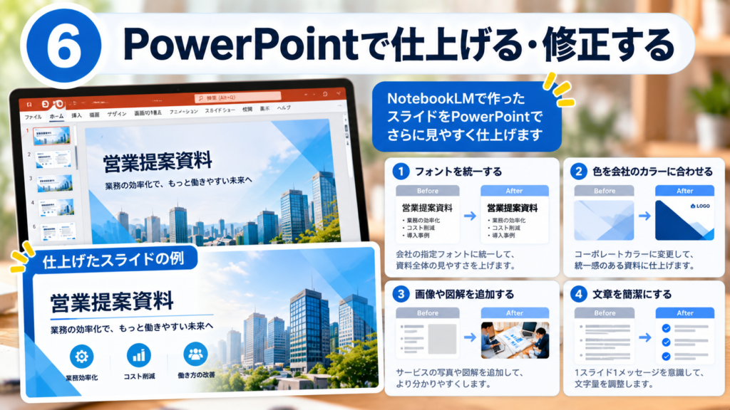 NotebookLMで作成したスライドをPowerPointで開き、フォント・色・画像・文章を修正するポイント