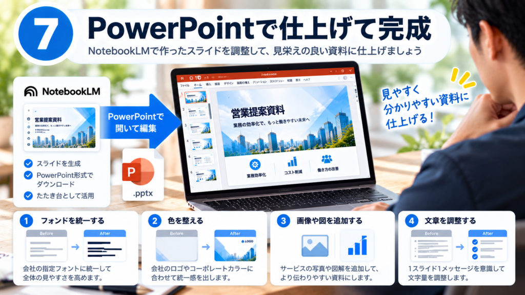 NotebookLMで生成したスライドをPowerPointで編集し、営業提案資料として完成させる流れ