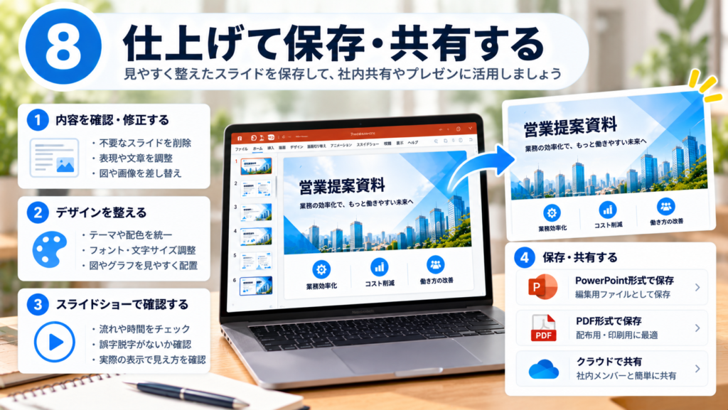 PowerPoint資料の内容とデザインを確認し、PowerPoint・PDF・クラウドで保存や共有を行う流れ
